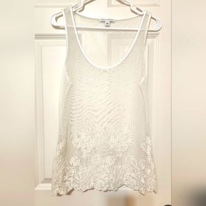 Ladies White see thru tank with floral lacing. Sz Small